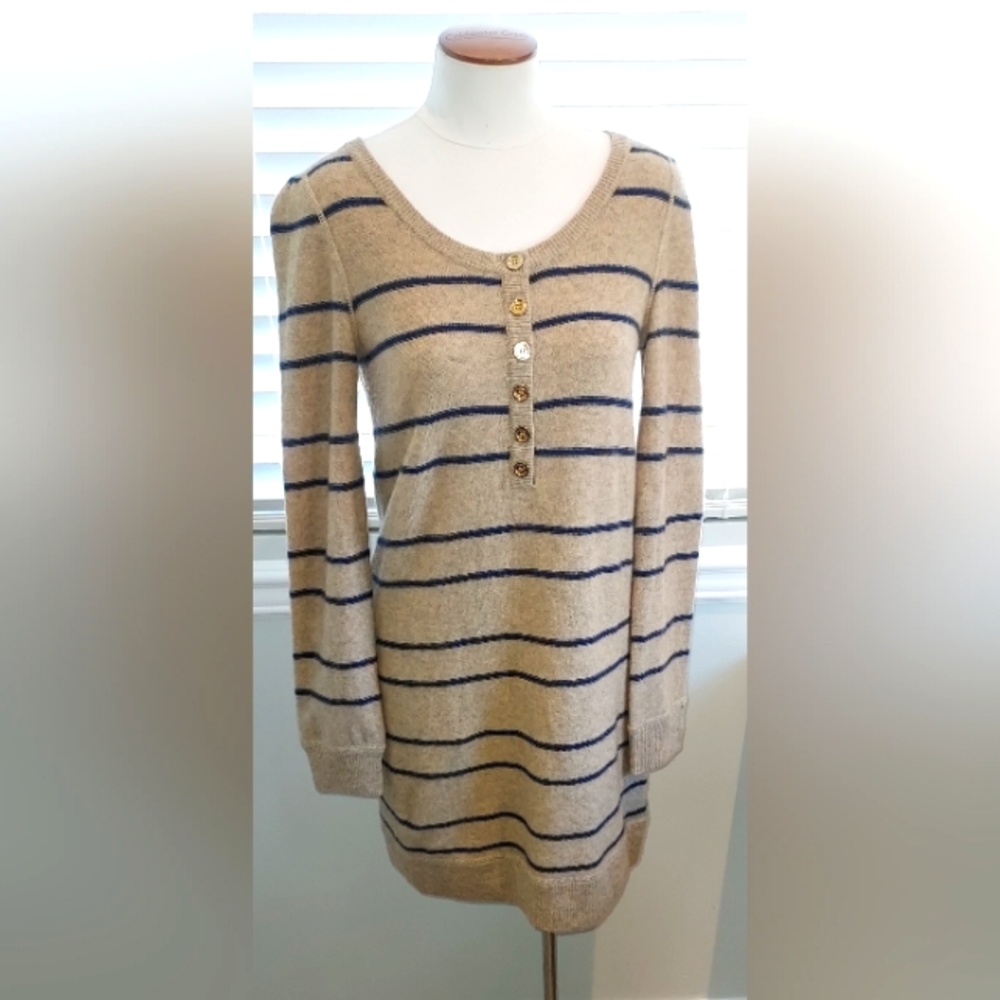Juicy Couture Tan/Blue Striped Long Sleeve Wool/Cashmere Blend Dress NWOT
